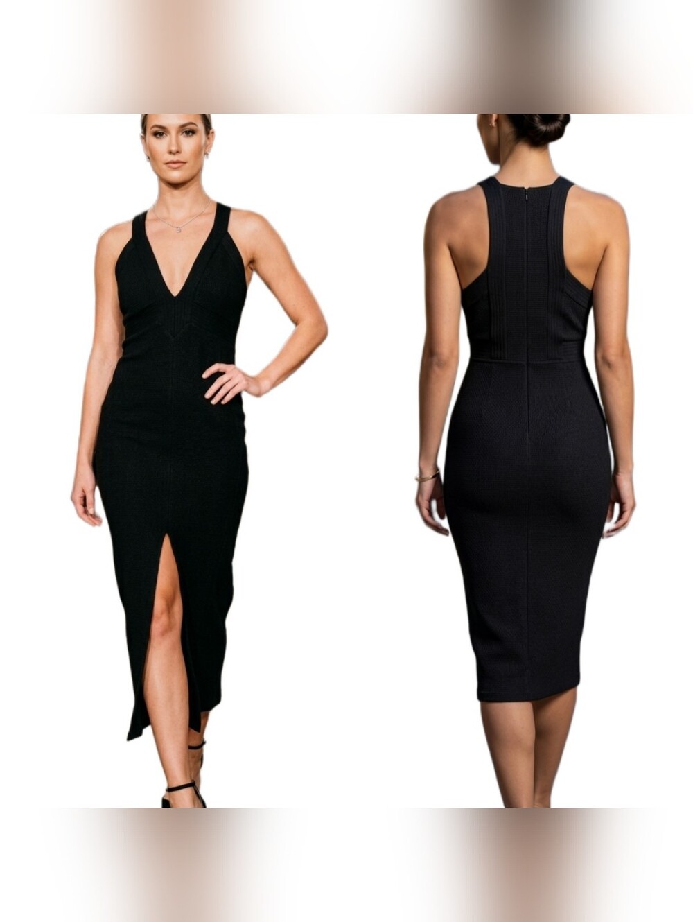 Free People Black Textured Midi Dress Deep V-Neck Front Slit Cocktail Size L